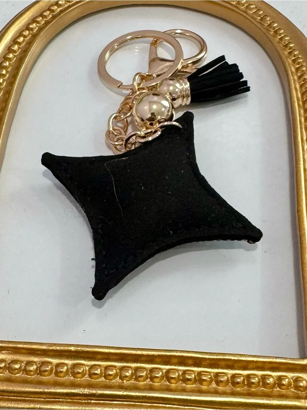 New Crystal-Embellished Black Silver Star Keychain with Tassel